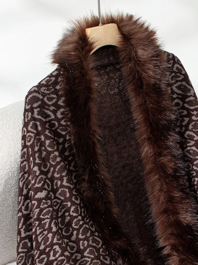 Explore More Collection - Fringe Leopard Open Front Long Sleeve Poncho