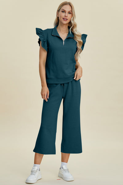 Explore More Collection - Double Take Full Size Texture Ruffle Short Sleeve Top and Wide Leg Pants Set