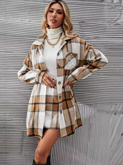 Explore More Collection - Plaid Button Up Long Sleeve Coat and Skirt Set