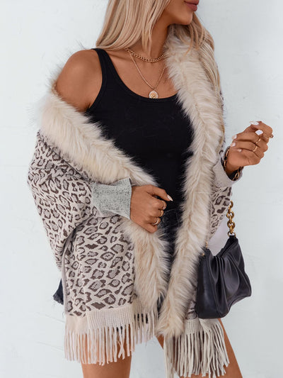 Explore More Collection - Fringe Leopard Open Front Long Sleeve Poncho