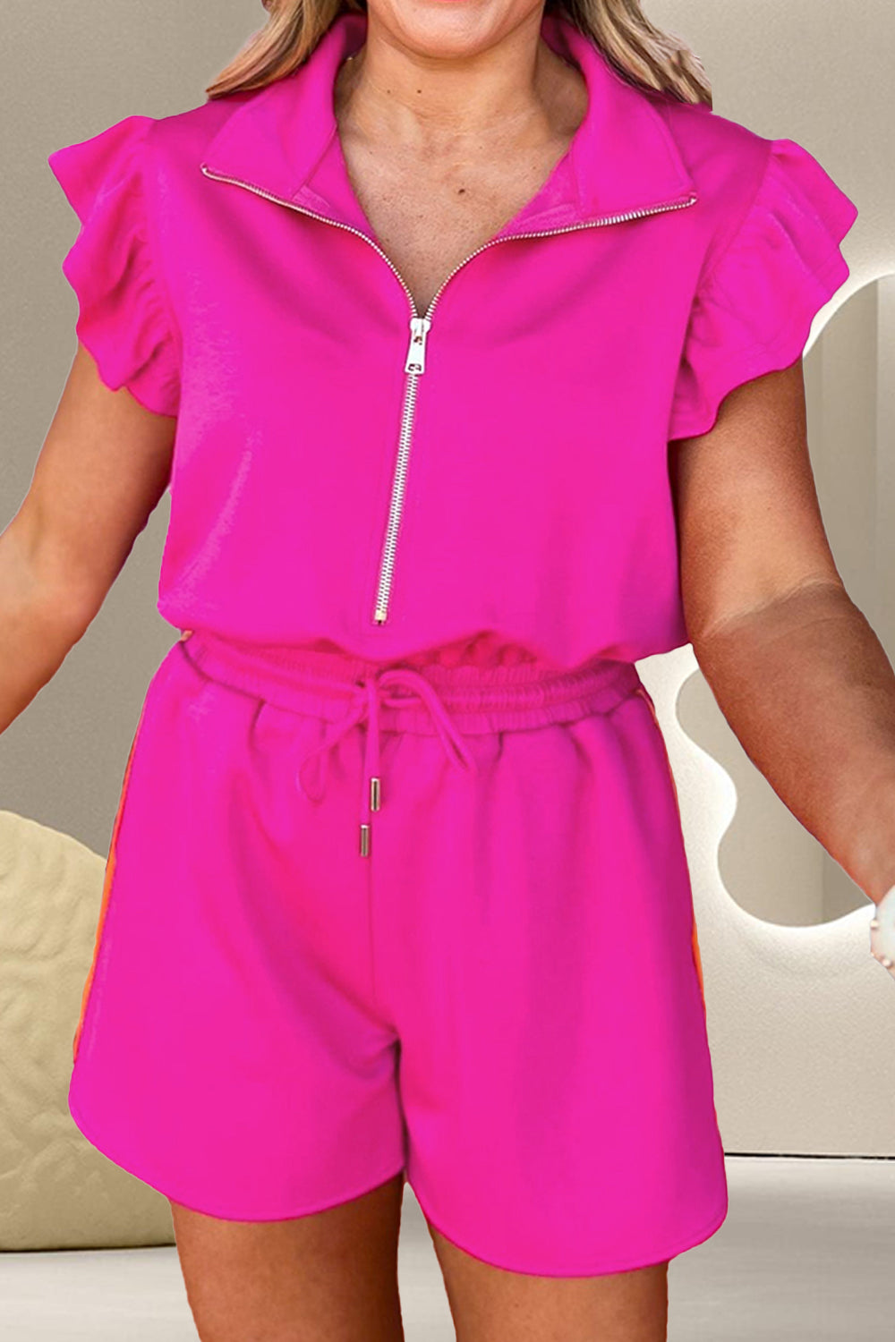 Explore More Collection - Ruffled Half Zip Cap Sleeve Romper