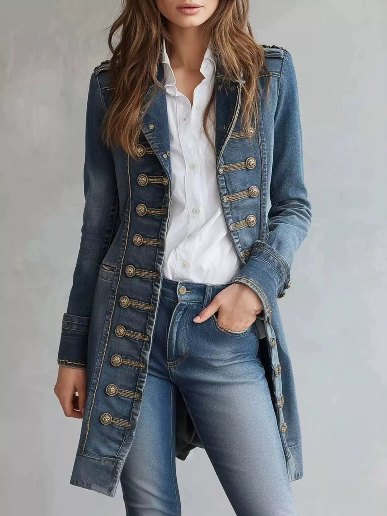 Full Size Decorative Button Longline Denim Jacket Plus Size