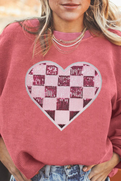 Explore More Collection - Valentine’s Day Sequin Checkered Heart Long Sleeve Sweatshirt