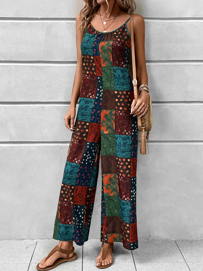 Explore More Collection - Printed Scoop Neck Spaghetti Strap Jumpsuit