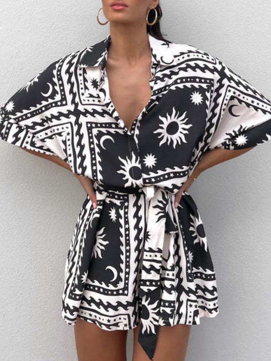 Explore More Collection - Printed Tie Waist Half Sleeve Romper