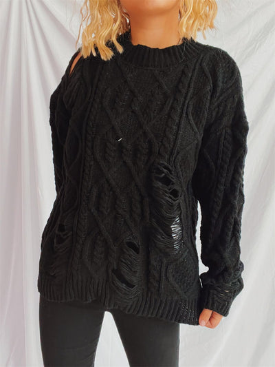 Explore More Collection - Distressed Cable-Knit Round Neck Long Sleeve Sweater