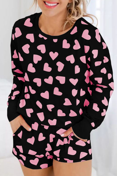 Explore More Collection - Heart Print Long Sleeve Top and Shorts Lounge Set