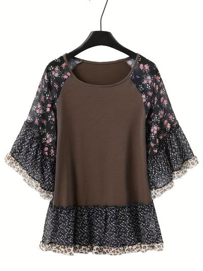 Explore More Collection - Full Size Frill Printed Round Neck Half Sleeve Blouse