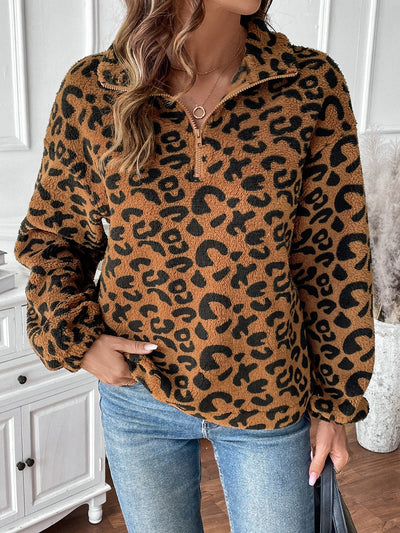 Explore More Collection - Leopard Half Zip Long Sleeve Sweatshirt