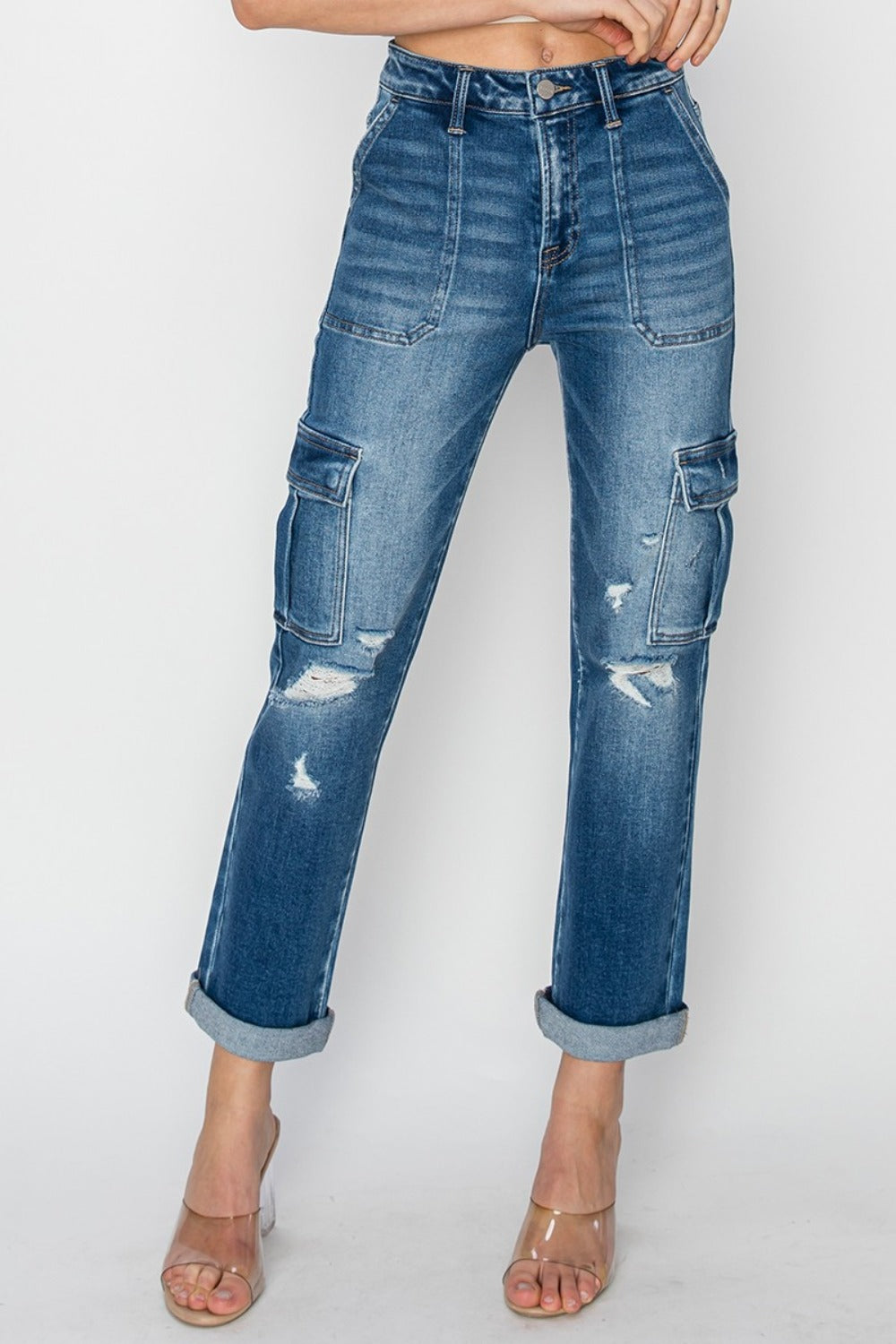 Explore More Collection - RISEN Full Size High Rise Cargo Ankle Roll Up Straight Jeans