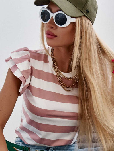 Explore More Collection - Full Size Striped Round Neck Cap Sleeve T-Shirt