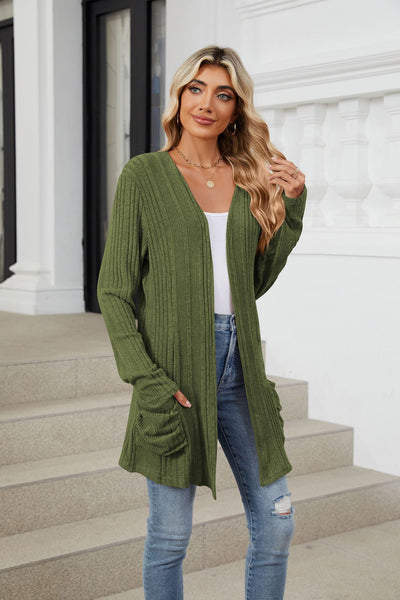 Explore More Collection - Pocketed Open Front Long Sleeve Cardigan