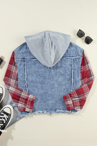 Explore More Collection - Raw Hem Drawstring Plaid Denim Jacket