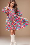 Explore More Collection - Floral Tie Neck Puff Sleeve Mini Dress