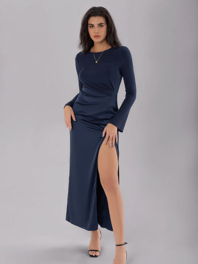 Explore More Collection - Split Round Neck Long Sleeve Midi Dress