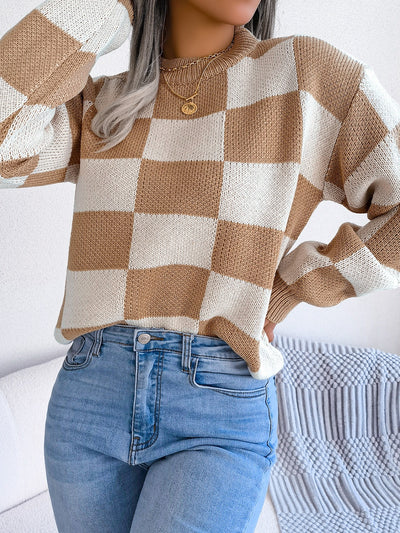 Explore More Collection - Checkered Mock Neck Long Sleeve Sweater