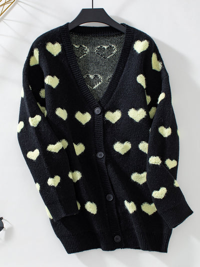 Explore More Collection - Heart V-Neck Button Up Long Sleeve Cardigan