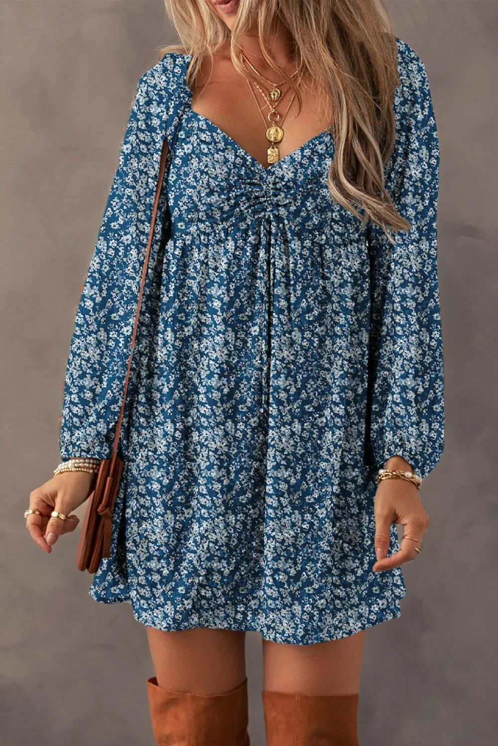 Explore More Collection - Ruched Printed Long Sleeve Mini Dress