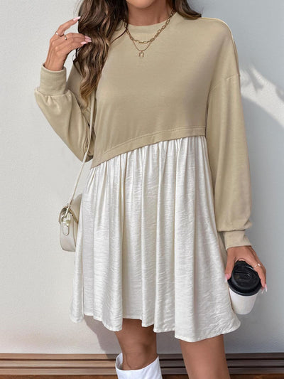 Explore More Collection - Perfee Contrast Round Neck Long Sleeve Mini Dress