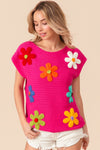 Explore More Collection - BiBi Flower Round Neck Cap Sleeve Knit Top