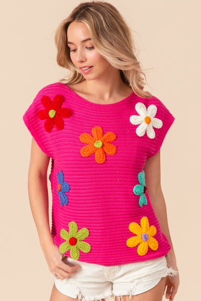 Explore More Collection - BiBi Flower Round Neck Cap Sleeve Knit Top