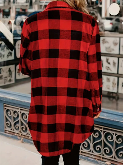 Explore More Collection - Plaid Collared Neck Snap Down Long Sleeve Jacket