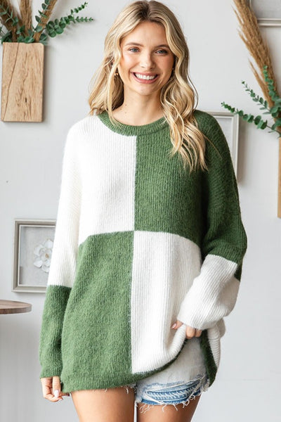 Explore More Collection - First Love Color Block Round Neck Long Sleeve Ribbed Sweater