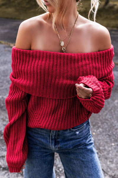 Explore More Collection - Off-Shoulder Long Sleeve Sweater