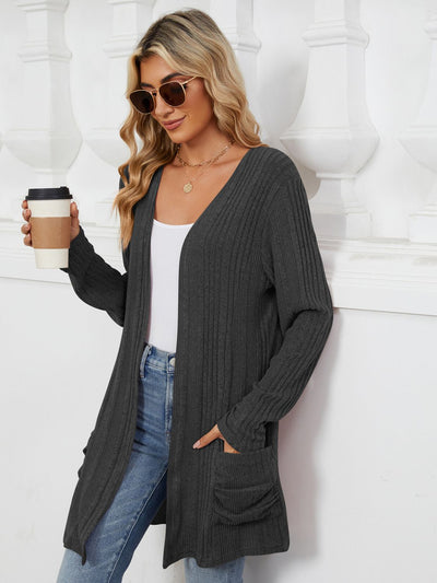 Explore More Collection - Pocketed Open Front Long Sleeve Cardigan