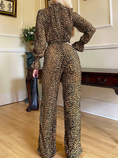 Explore More Collection - Leopard Flounce Sleeve Wide Leg Jumpsuit