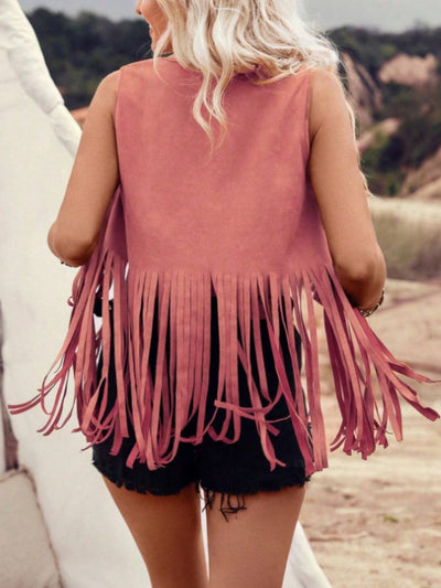 Explore More Collection - Fringe Studded Open Front Vest Coat