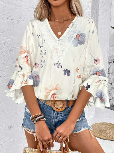 Explore More Collection - Ruffled Printed V-Neck Half Sleeve Blouse