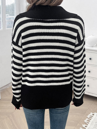 Explore More Collection - Striped Collared Neck Long Sleeve Sweater