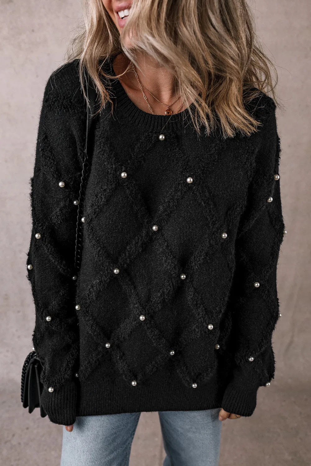 Explore More Collection - Pearl Detail Round Neck Long Sleeve Sweater