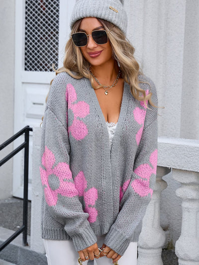 Explore More Collection - Flower Open Front Long Sleeve Cardigan