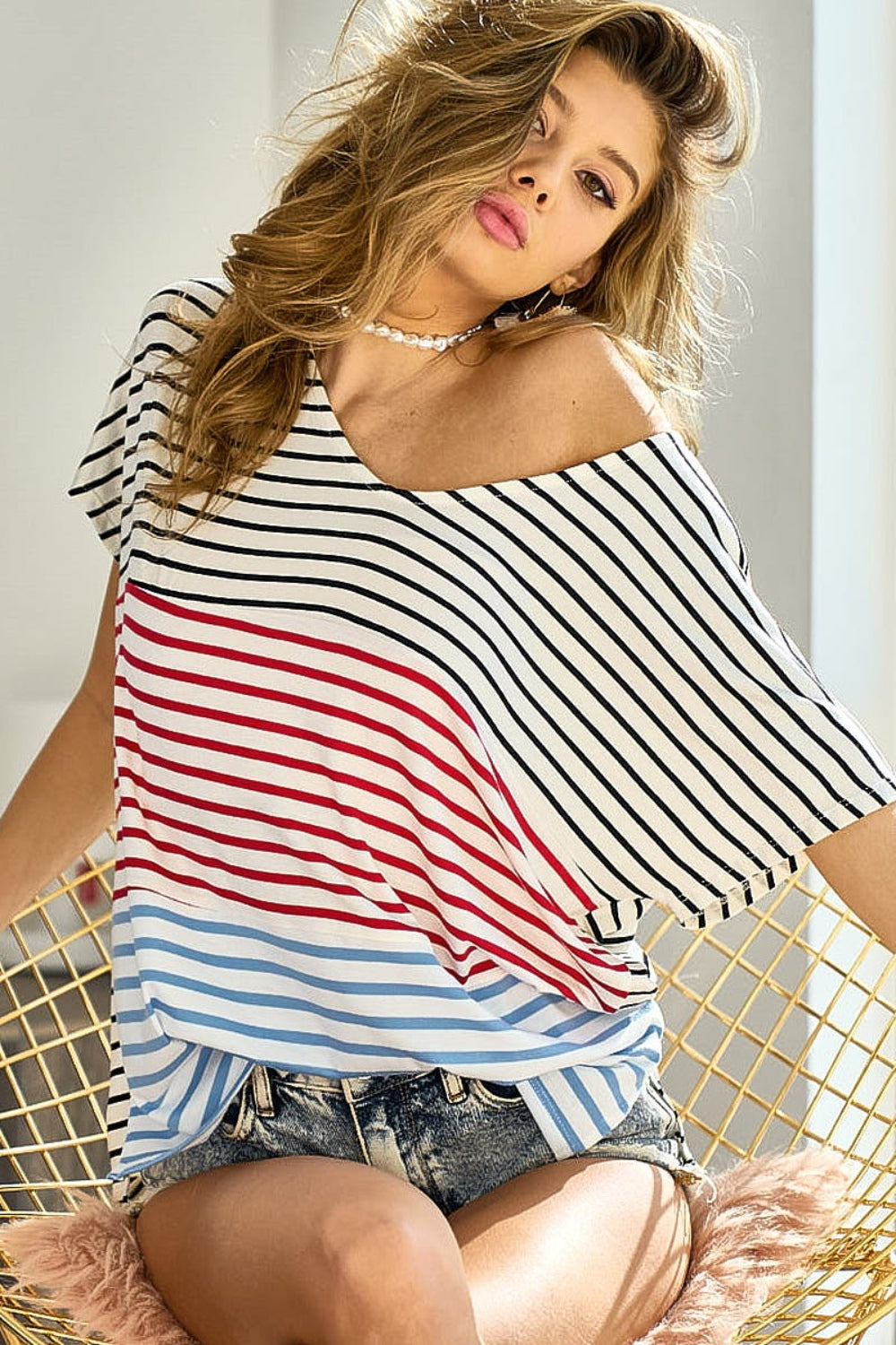 Explore More Collection - BiBi Striped Round Neck Short Sleeve T-Shirt