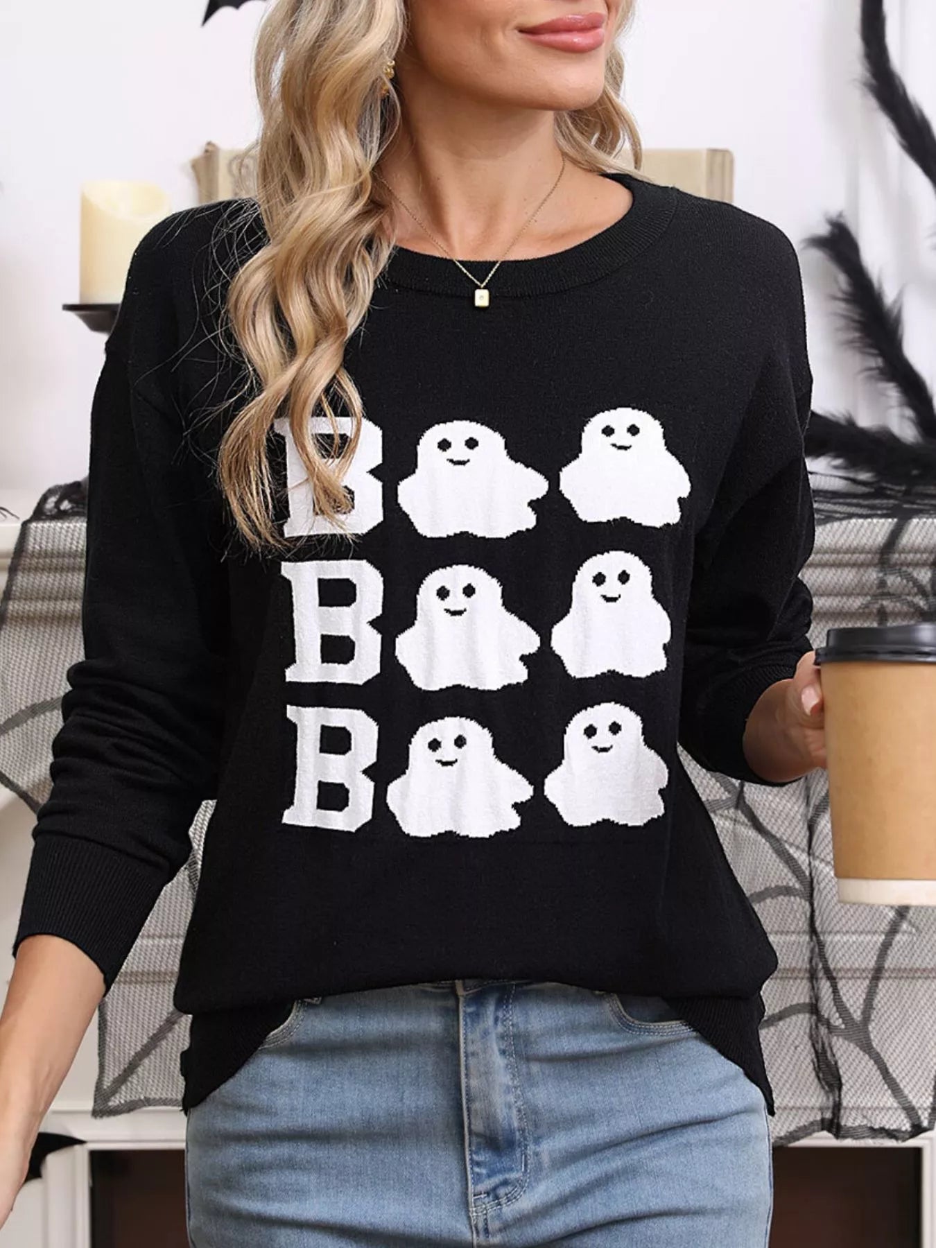 Halloween Ghost Graphic Crew Neck Sweater