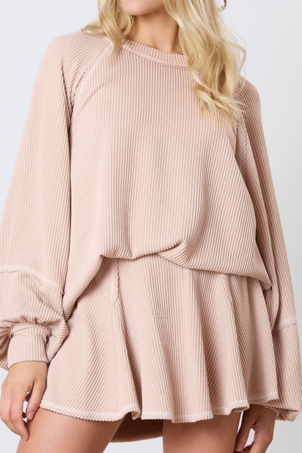 Explore More Collection - Texture Round Neck Long Sleeve Top and Skirt Set
