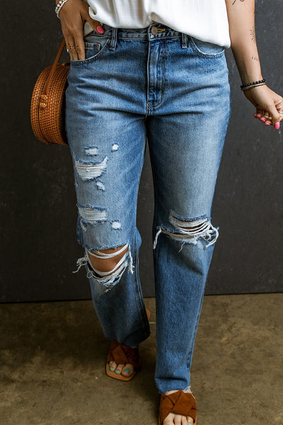 Explore More Collection - Distressed Raw Hem Jeans with Pockets