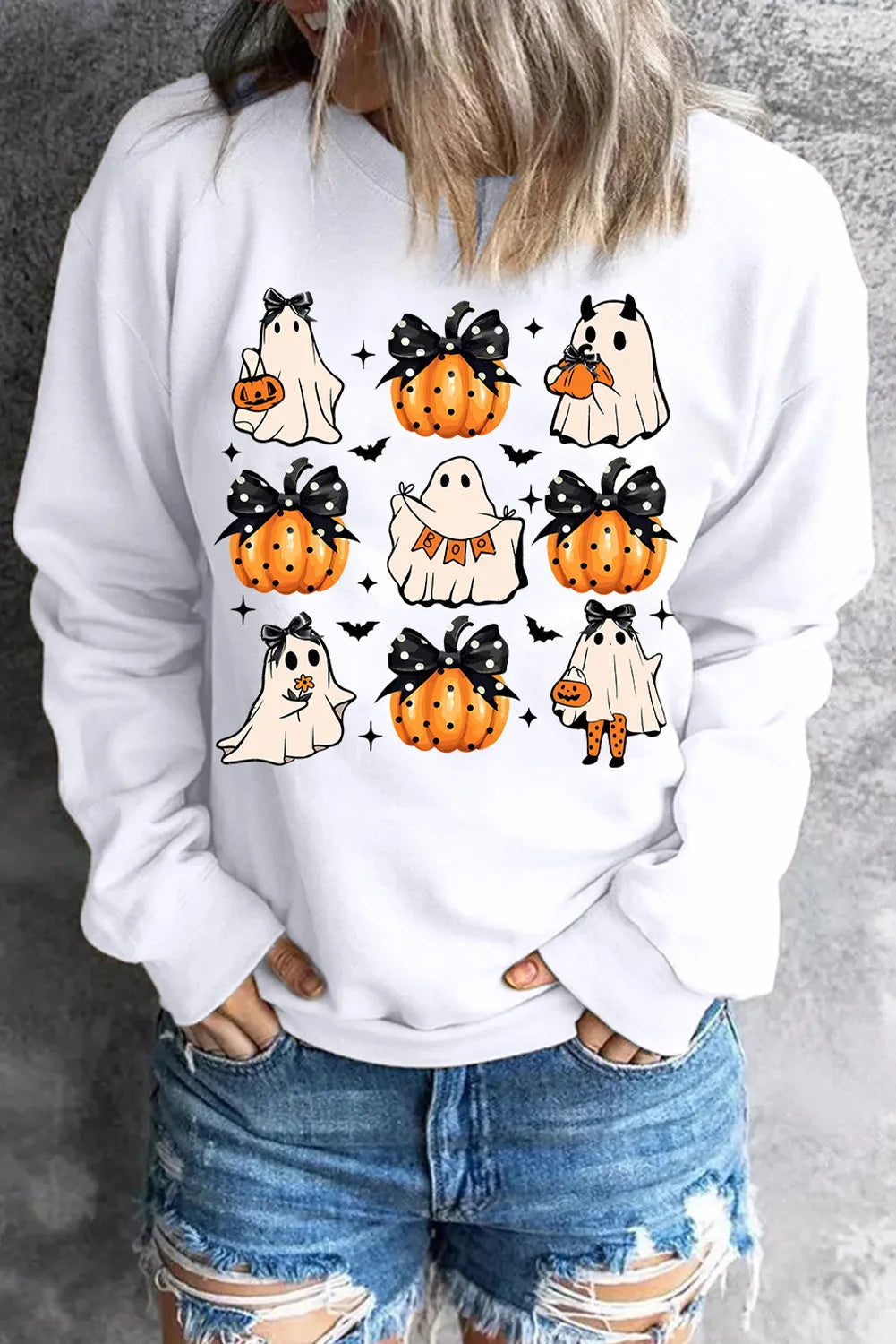 Explore More Collection - Pumpkin & Ghost Round Neck Long Sleeve Sweatshirt