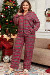 Explore More Collection - Plus Size Plaid Collared Neck Top and Pants Lounge Set