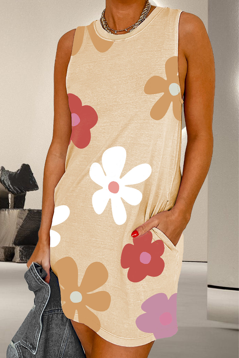 Explore More Collection - Pocketed Printed Round Neck Tank Dress