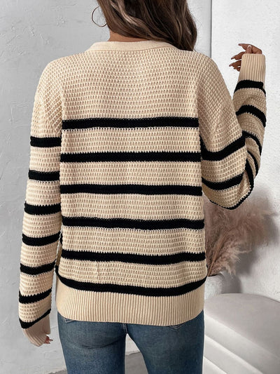 Explore More Collection - Perfee Striped Half Button Long Sleeve Sweater