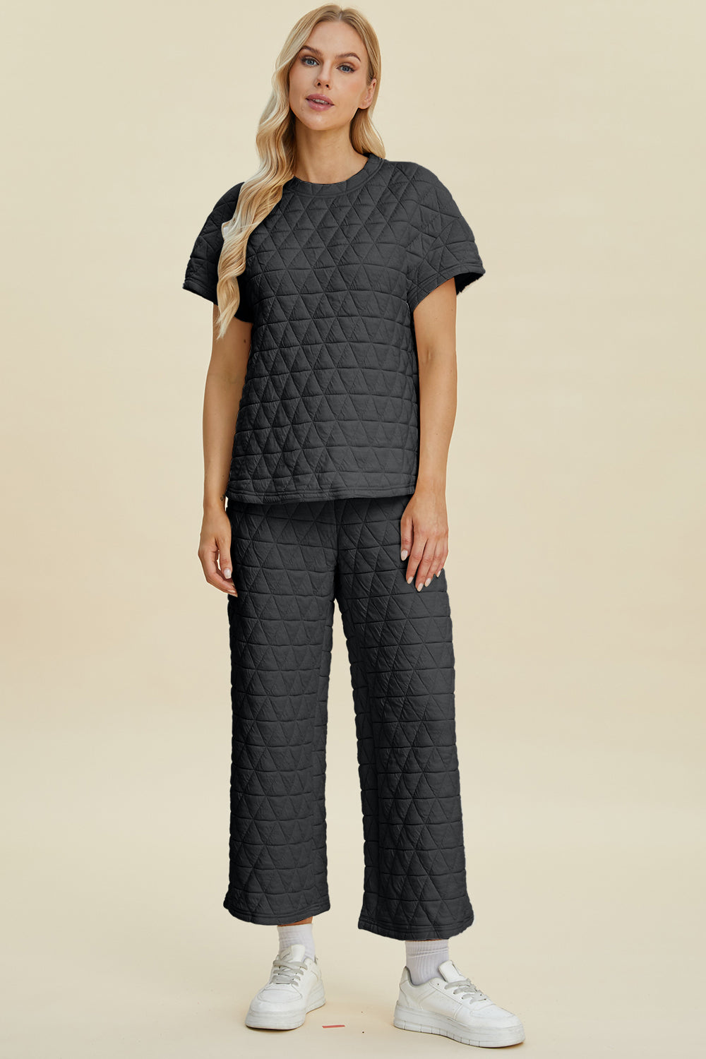 Explore More Collection - Double Take Full Size Texture Round Neck Short Sleeve Top and Pants Set