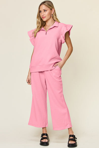 Explore More Collection - Double Take Texture Ruffle Short Sleeve Top and Drawstring Wide Leg Pants Set