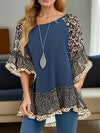 Explore More Collection - Full Size Frill Printed Round Neck Half Sleeve Blouse