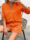 Explore More Collection - Notched Long Sleeve Top and Shorts Set