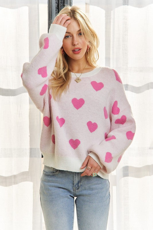 Explore More Collection - ADORA Heart Round Neck Drop Shoulder Sweater