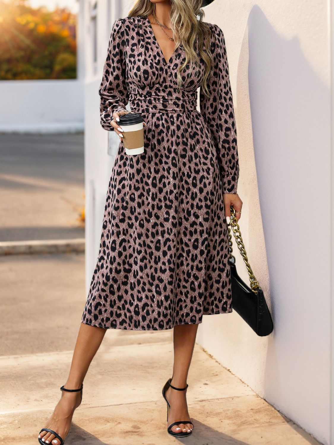 Explore More Collection - Perfee Leopard Surplice Long Sleeve Midi Dress