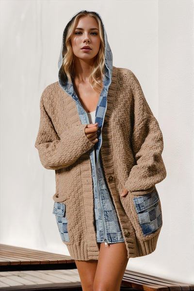 Explore More Collection - Double Take Full Size Hooded Denim Spliced Sweater Cardigan